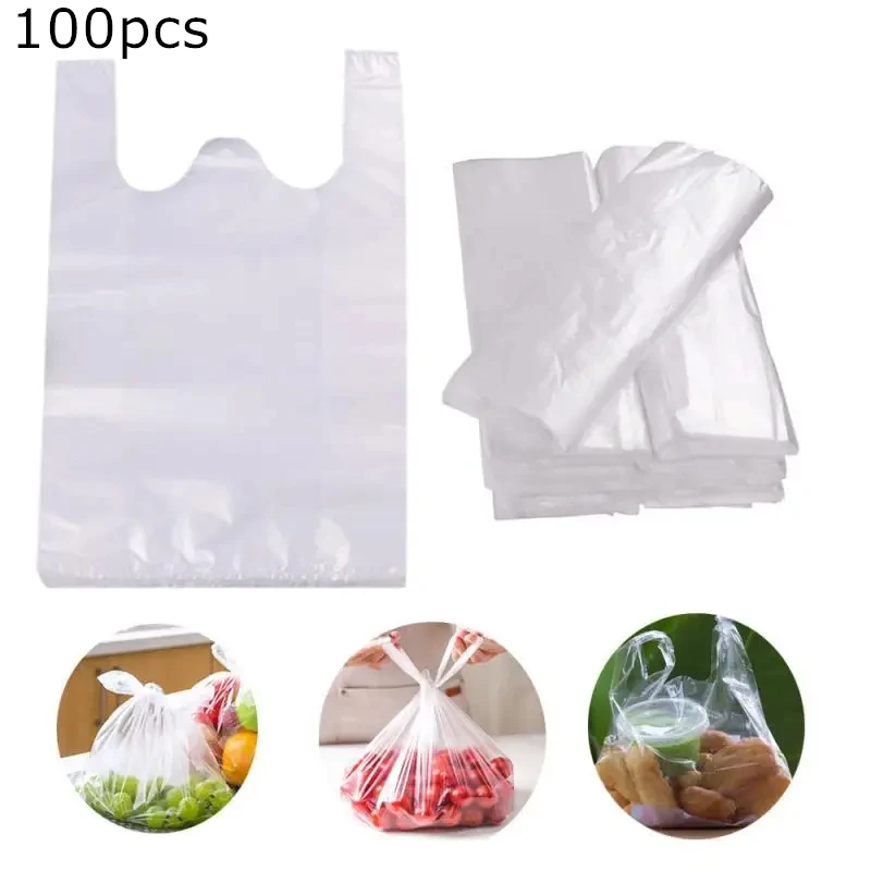 Plastic Shopping Bag 100Pcs Transparent Supermarket Bags With Handle Food Packaging