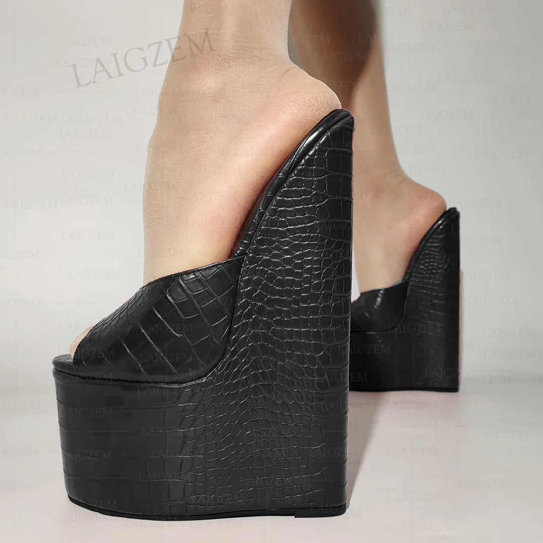 LAIGZEM SUPER High Women Pumps Wedges Slip on 7CM Platform 22CM High Heels Mules Club Ladies Shoes Woman Large Size 38 41 44 48