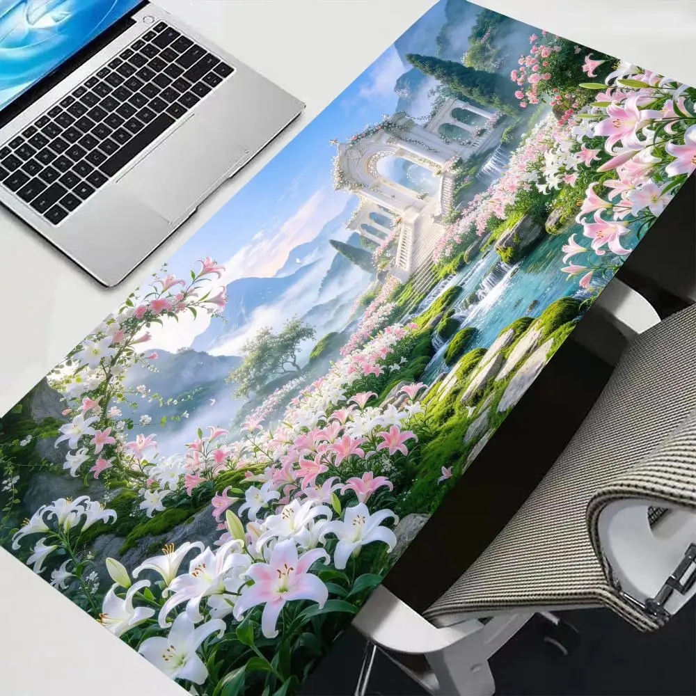 Pink Cherry Blossom River Gaming Mouse Pad Stitched Edges Smooth Glide Large Size For Bedroom