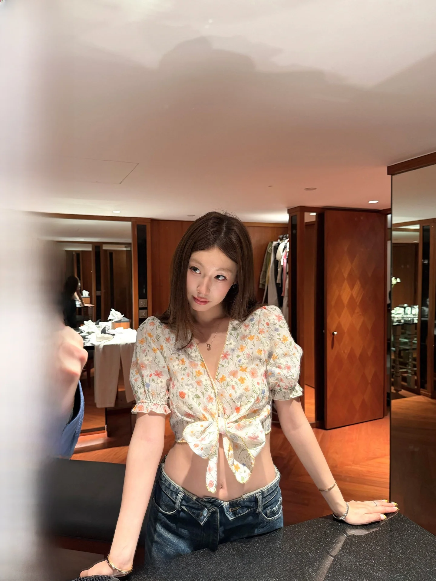 

Ranwear Summer Short Open Cardigan Top Fabric Tie Bubble Sleeve Multi Version Floral Print Cotton V-neck Loose Fit Women's Shirt