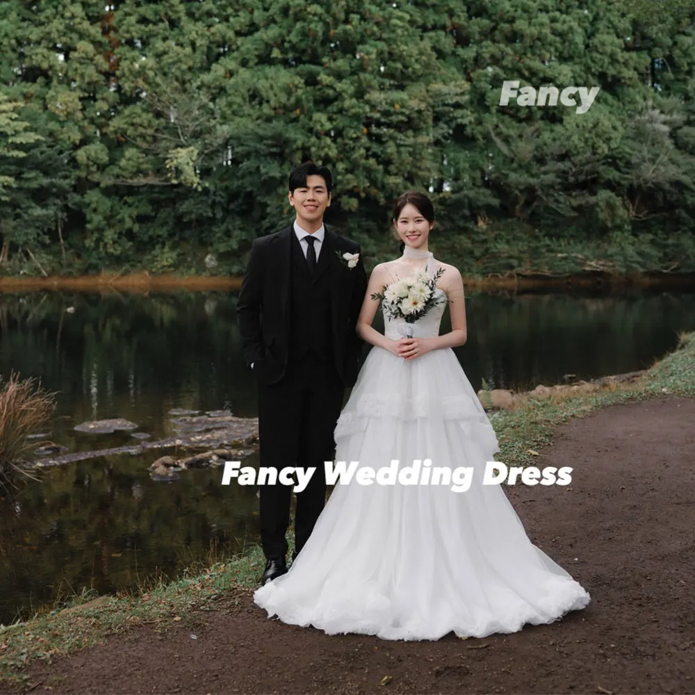 Fancy Princess A Line Wedding Dress Korea Photoshoot Lace Soft Tulle Bridal Gown Back Corset With Neck Customized