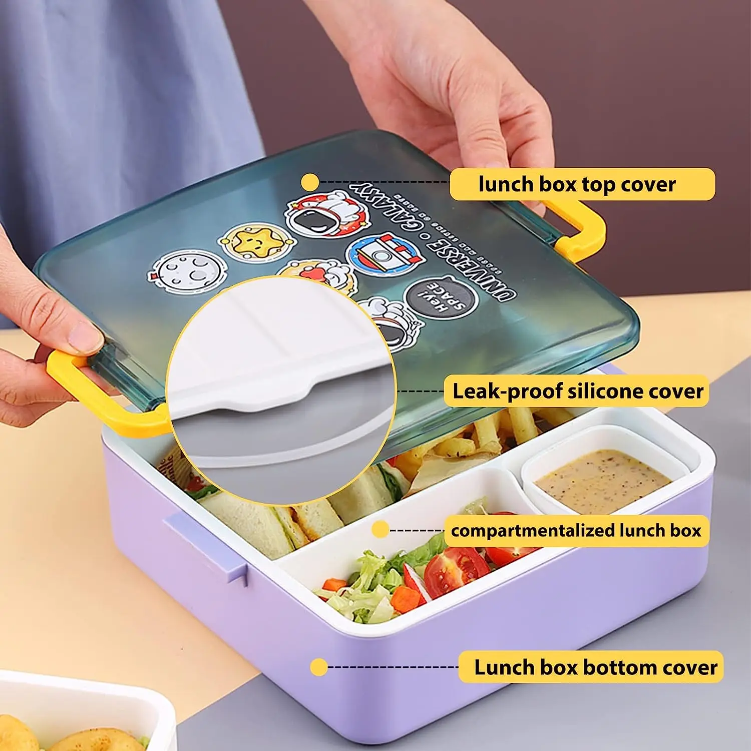 Tourpor Lunch Box Kids Girls Boys Bento Box, contenitori per il pranzo per adulti con 4 scomparti, contenitore per salsa, forchetta e cucchiaio