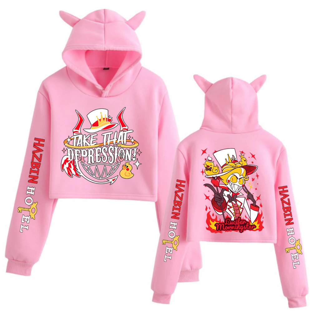 Hazbin Hotel Lucifer Diseño gráfico Crop Tops Sudadera Manga larga Crop Tops Niñas Moda Sudadera con capucha