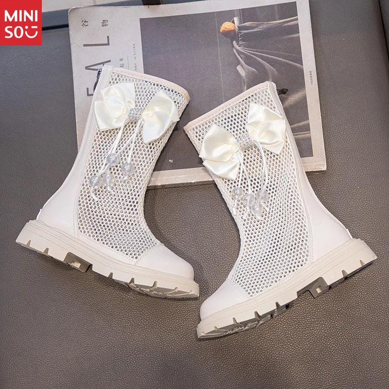 Sepatu Martin Musim Panas Miniso 2025 untuk Anak Perempuan, Sepatu Tinggi Berbahan Jaring yang Bernapas untuk Anak-Anak yang Lebih Besar