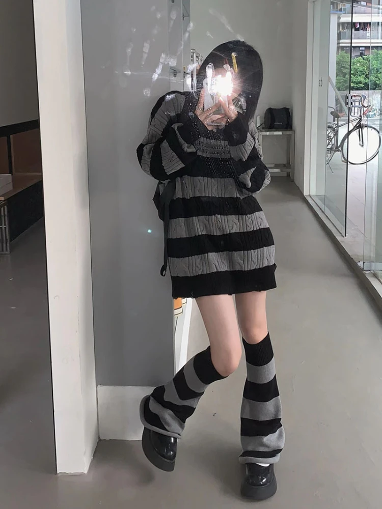 KOSAHIKI Gothic Sweaters Women Two Pieces Set Harajuku Knitted Striped Jumper + Leg Warmmer Y2k Aesthetic Grunge Tops Streetwear