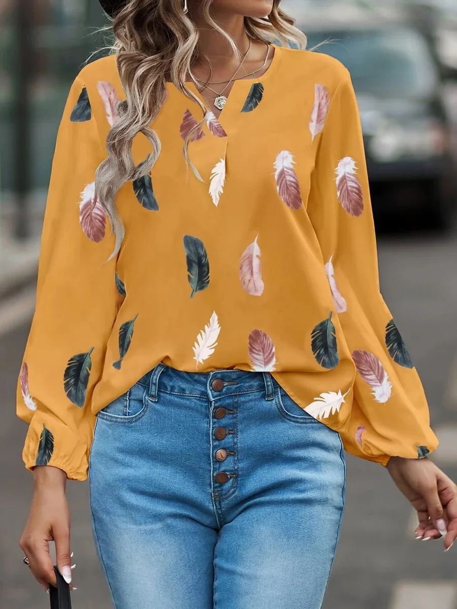 

Elegant Women Blouse 2024 Summer New V-neck Feather Printed Long Sleeve Loose Women's Top Chiffon Shirt Women Blusa Feminino