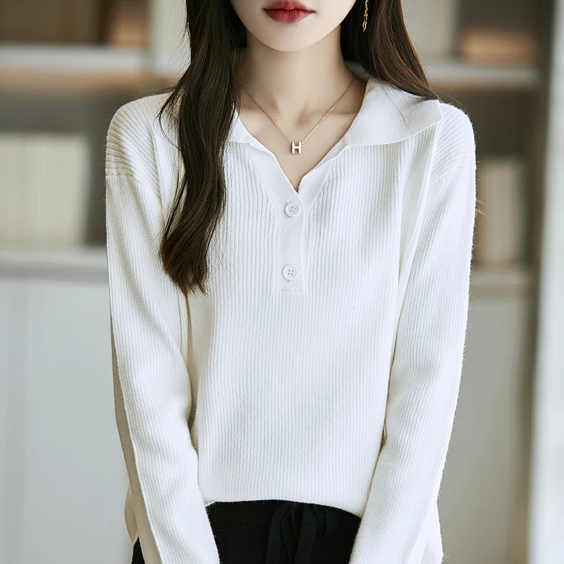 

POlO Collar Knitted Wool SweFor Women, New For Spring And Autumn 2024. Button, Long Sleeved, Slim Fit. Fashionable