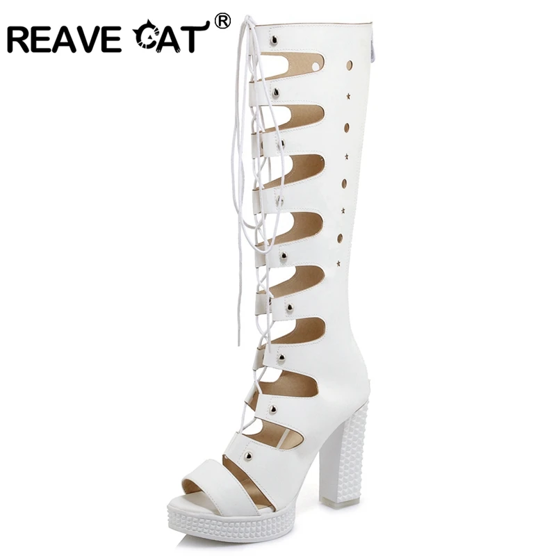 REAVE CAT Women\'s summer boots Ladies platform High heel Gladiator cross tied Peep toe Big size Black White A700