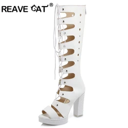 REAVE CAT Women's summer boots Ladies platform High heel Gladiator cross tied Peep toe Big size Black White A700