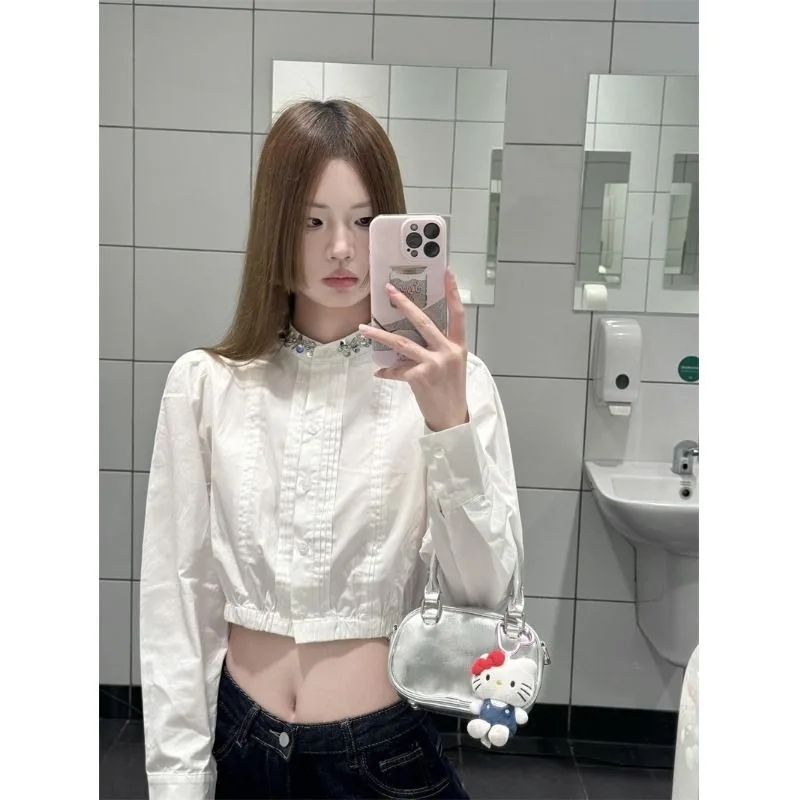 

Deeptown Elegant White Women Cropped Shirts Long Sleeve Solid Color Pleated Sequined Blouses Slim Korean Fashion Chic Aesthetic