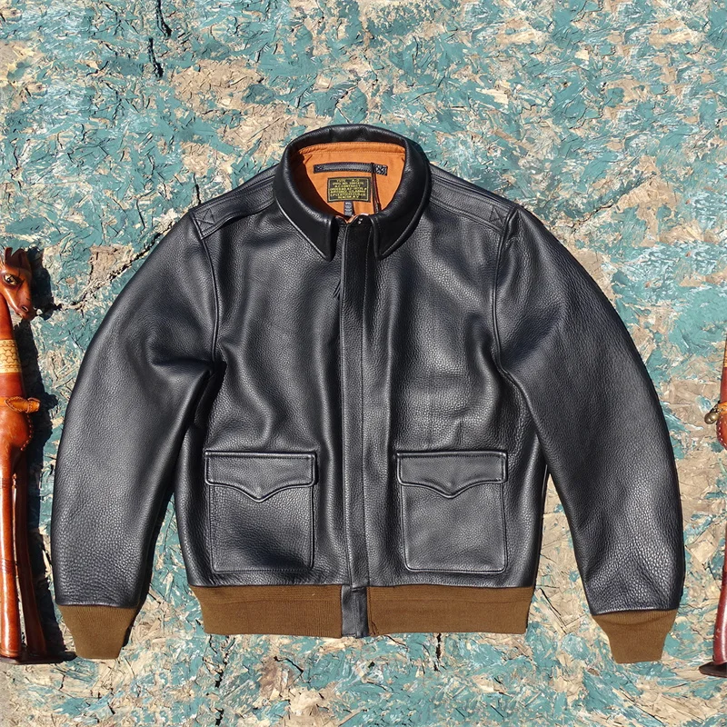 Black Winter Leather Jacket Men Military Style Plus Size 5XL Genuine Natural Thick Cowhide Turn-Down Collar A2 Flight Coat