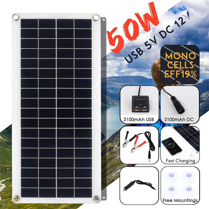 50W Solar Panel 12V Monocrystalline USB Power Portable Outdoor  Cell Car Ship Camping Hiking Travel Phone Charger