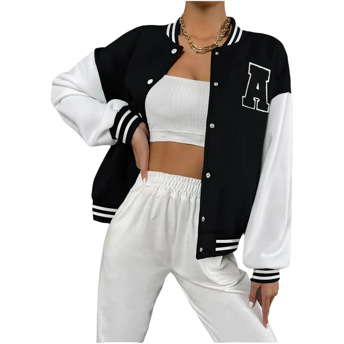 

Letter Rib Sleeve Top Fashion Logo Single Breasted Casual Bomber Baseball Jacket Loose Cardigan Coat