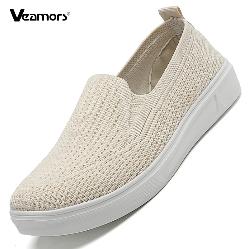 

Women Breathable Slip-on Walking Shoes Ladies Knitted Mesh Casual Flat Shoes for Work Traveling Light Elastic Jogging Loafers