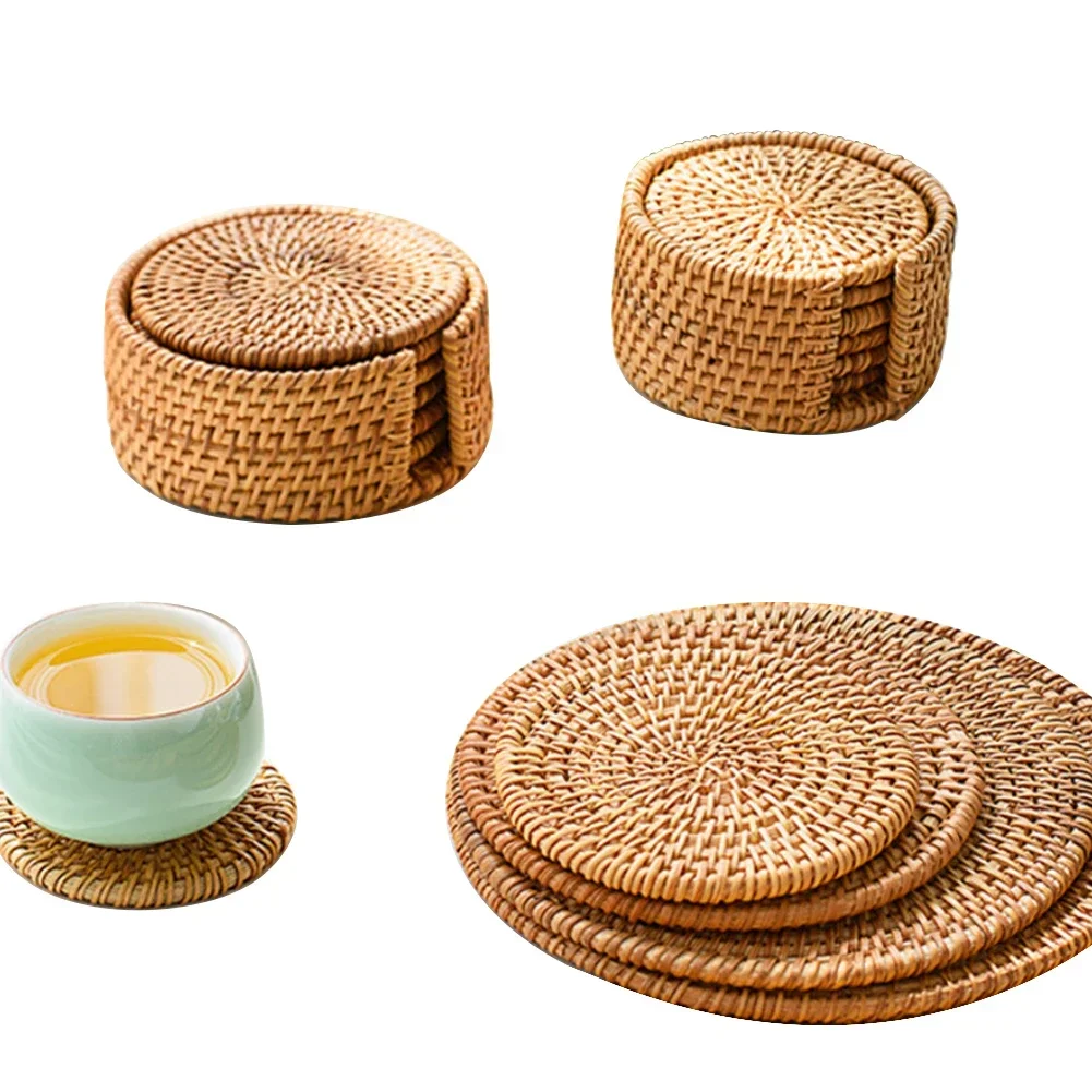 6PCS Woven Rattan Coasters Set With Holder Table Mat Placemat Coffee Tea Cup Coaster Pot Bowl Pad Glass Base Kitchen Accessories