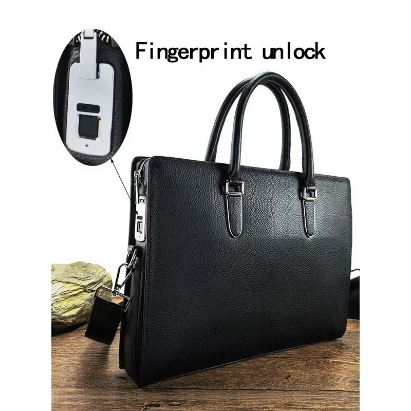 

Fingerprint Unlock Men's Cowhide Messenger Bag Business Commute Large Capacity Advanced Sense Genuine Leather Portable Computer