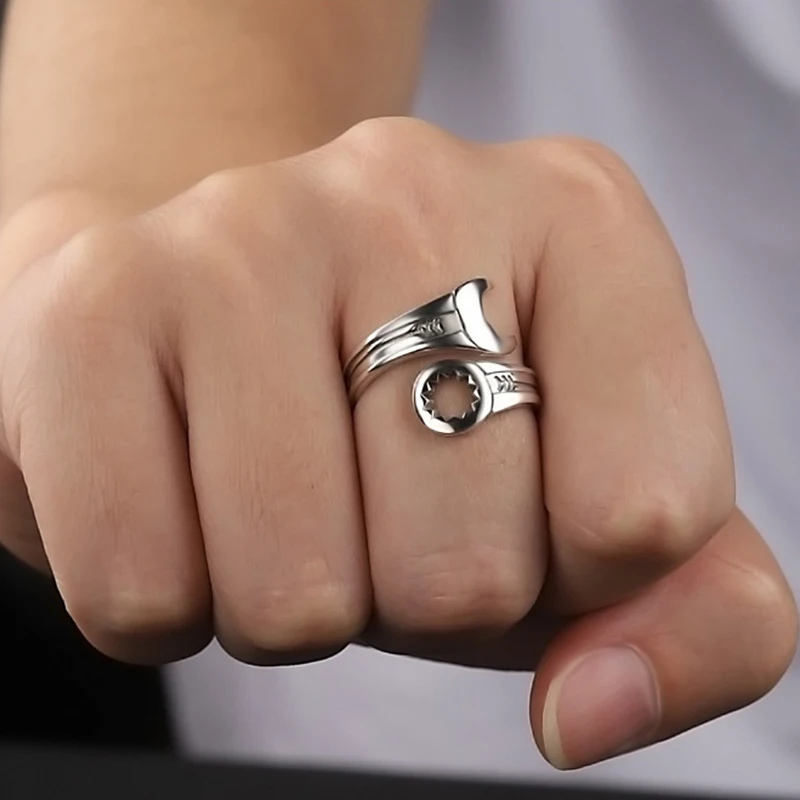 Creative Retro Wrench-Shaped Ring For Women Gothic Punk Cosplay Party Rings Silver Color Adjustable Open Ring Jewelry Gifts