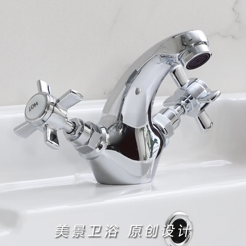 Vintage style single hole hot and cold basin faucet cross two-handed wheel