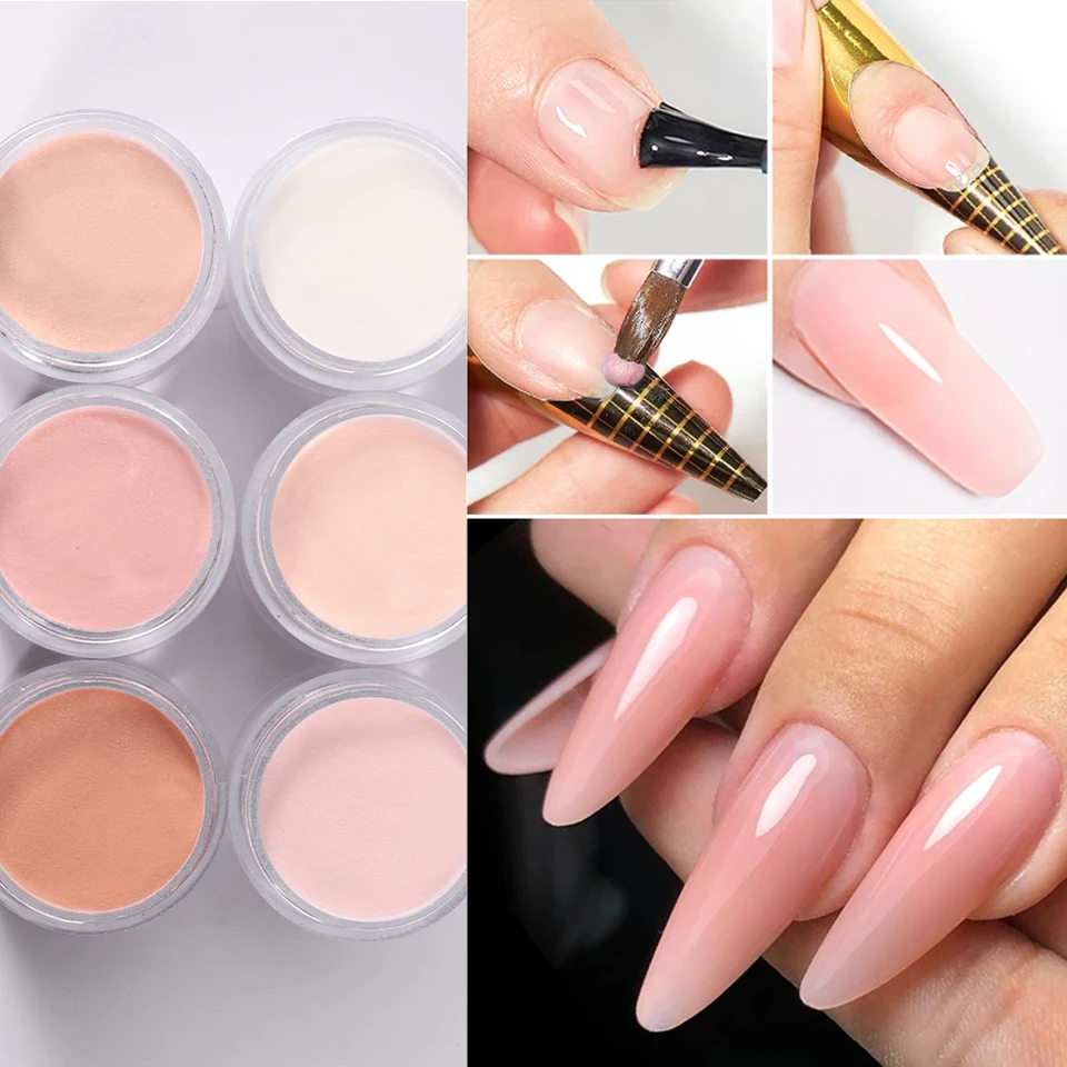 Set de 6 colores de polvo acrílico profesional para uñas, rosa, transparente, blanco, nude, polímero para extensión de uñas, tallado 3D, francés 2