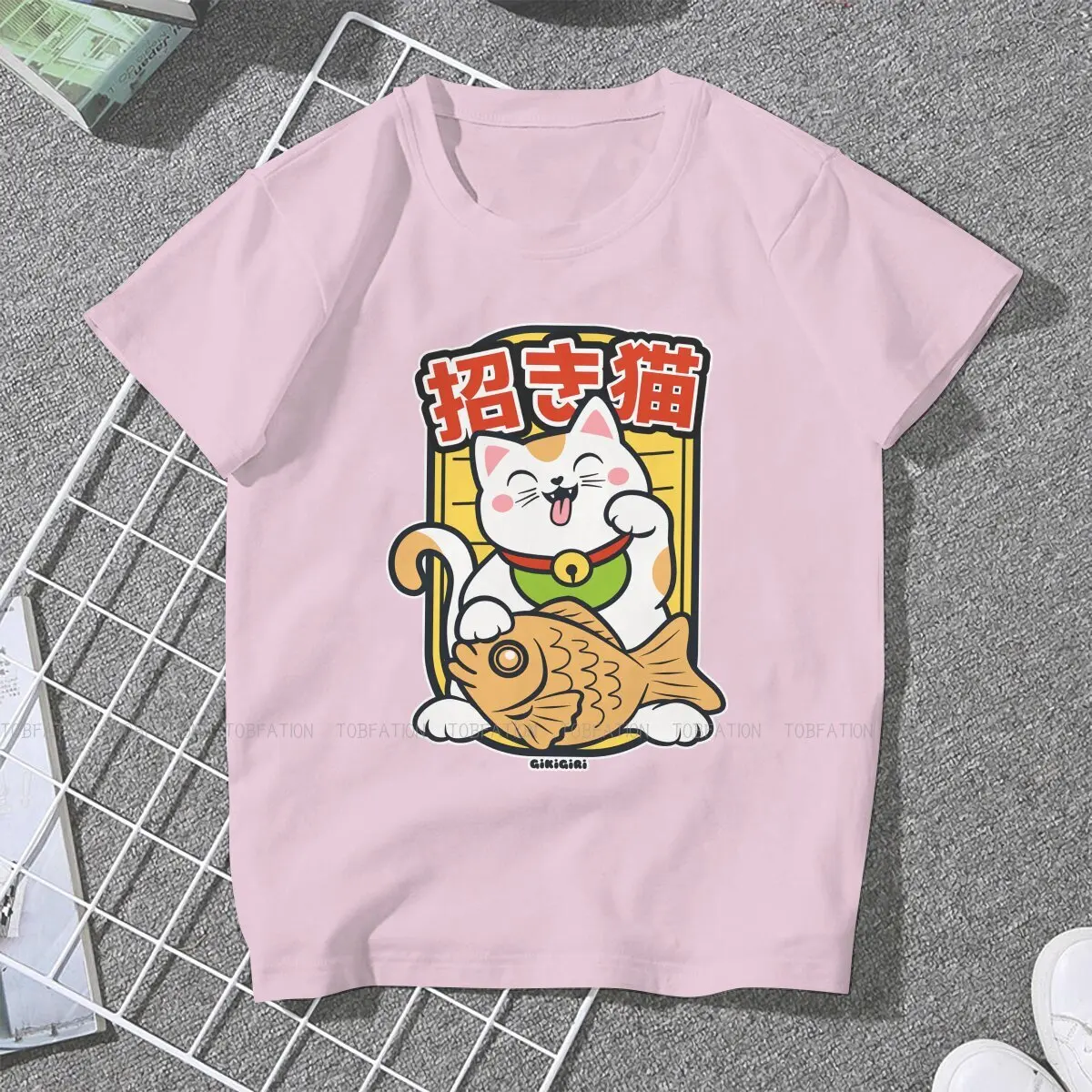 Lucky Cat Women T Shirt Maneki Neko Taiyaki with Fish Classic Female Tops Harajuku Funny Tees Ladies 5XL Cotton Tshirt