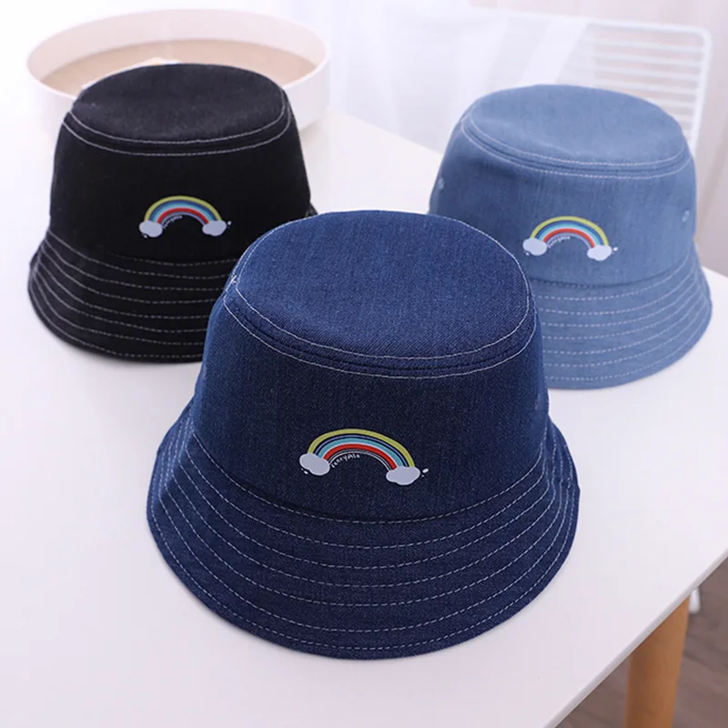 Children's Denim Bucket Hat Embroidered Rainbow Sun Hat Hip Hop Panama Bucket Hat Bob Chapeau Femme Thin Sunbowl Hat