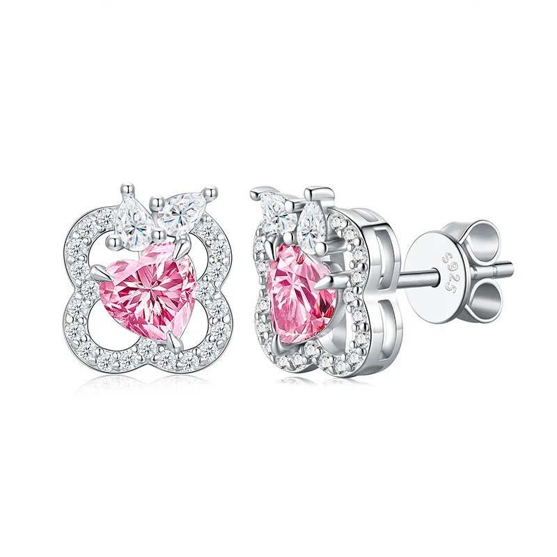 ZFSILVER Fashion 925 Silver Moissanite Classic Trendy Design Clover Pink Heart Earring For Women Accessories Jewelry Gift E18308