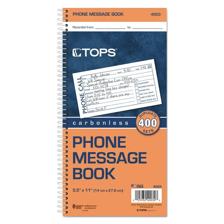 TOPS Products Spiralbound Message Book, 2 3/4" x 5", Two-Part Carbonless, 400 per Book