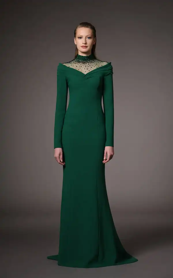 

Длинные платья трапециевидной формы из джерси в стиле ретро со складками и бисером, с высоким воротником, на заказ, платья для особых случаев, изысканное, высокое качество, сложное