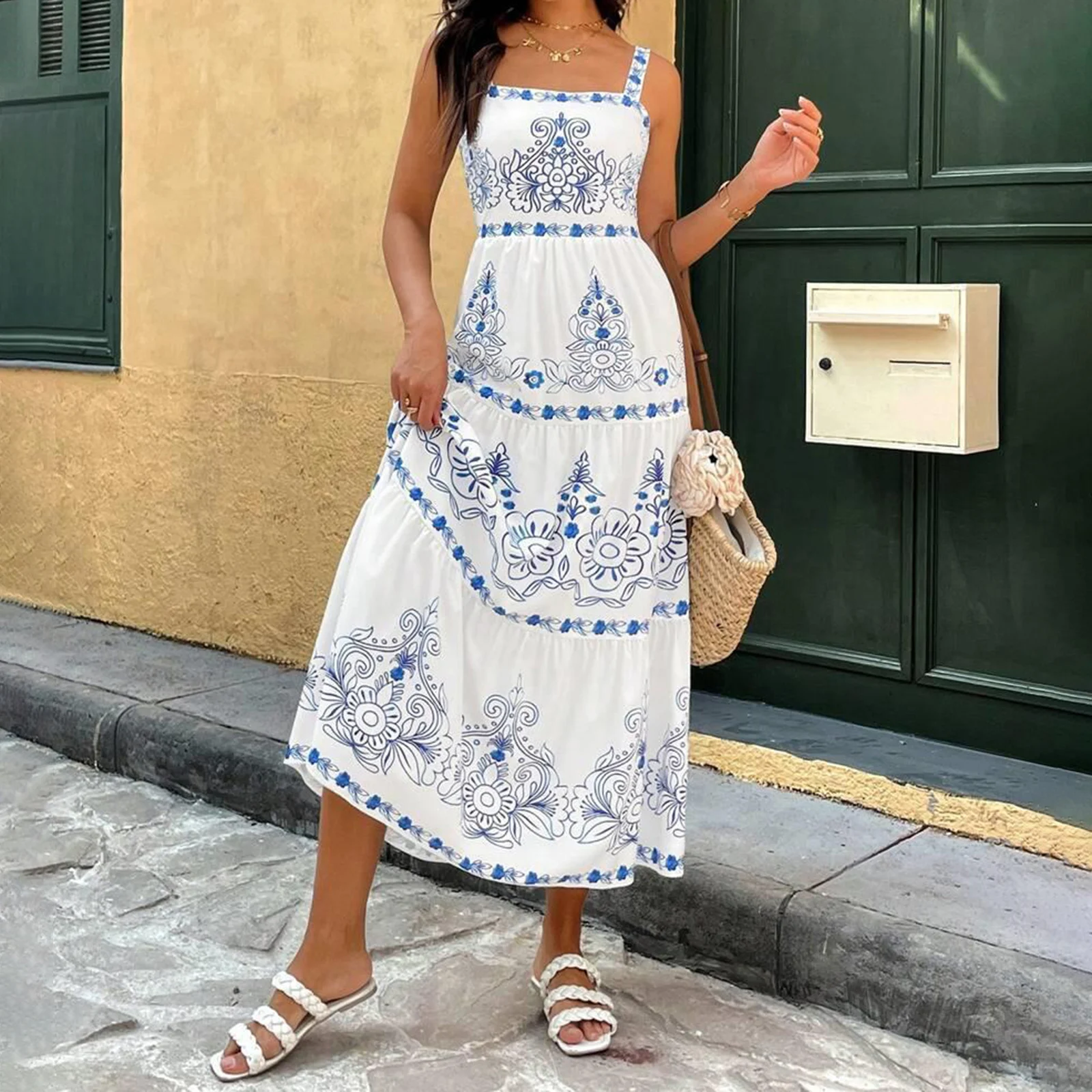 Abito da donna con fasciatura posteriore a strati, per le vacanze estive, senza maniche, con stampa floreale, abiti lunghi e fluidi a trapezio