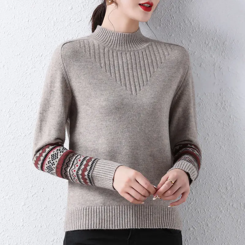 

Ladies Fashion 2024 Autumn and Winter 100% Pure Woolen Solid Color Thick Jacquard Pullover Sweater Knitted Bottoming Shirt LJ460