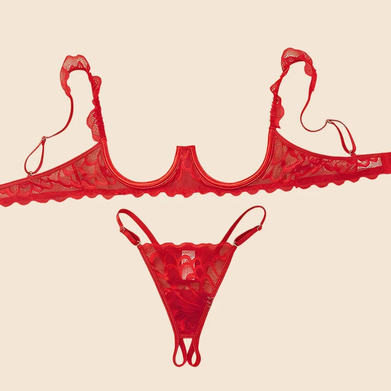 Conjunto de lencería sexy para mujer, ropa interior sin entrepierna, sujetador abierto con aros de acero, lencería erótica de encaje, conjunto de 2 piezas, traje sexual, atuendo íntimo y romántico