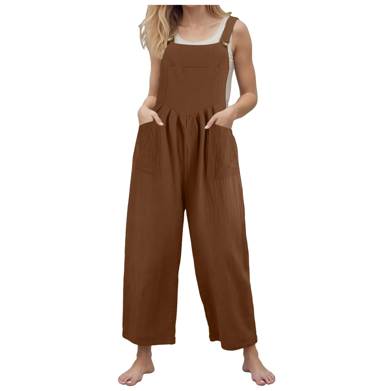 

Женский хлопковый льняной комбинезон без рукавов, повседневный однотонный летний комбинезон с широкими штанинами, комбинезон на пуговицах для женщин, комбинезон больших размеров