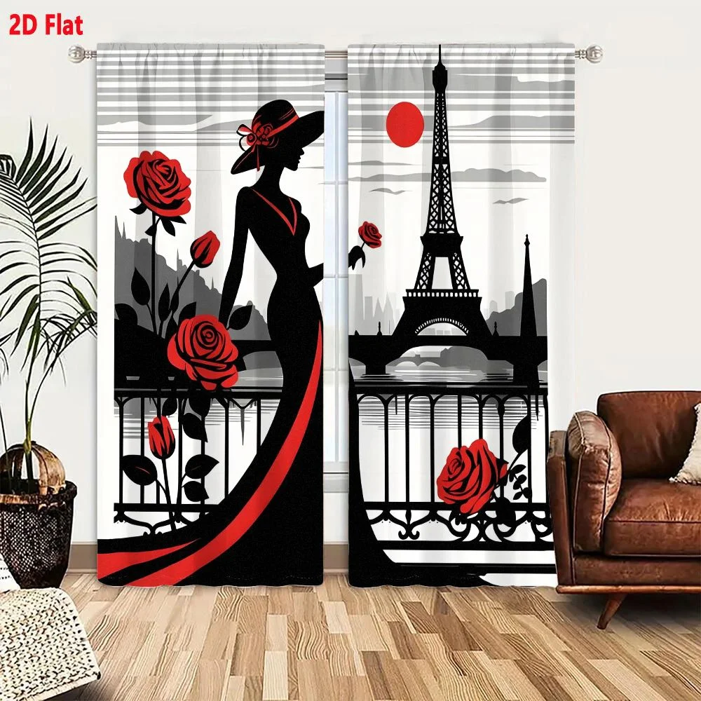 2Pcs Curtains Silhouette Woman In Paris With Eiffel Tower Red Rose Art Print Window Drapes for Bedroom Room Decor Decoration Win