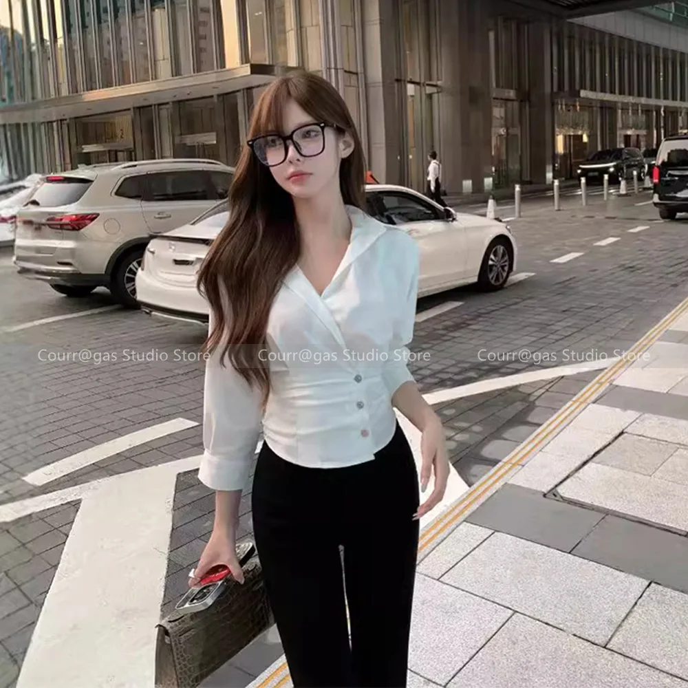 

Loose sense early autumn seven-quarter sleeve waisted thin v-neck shirt women black stretch flared trousers fashion set