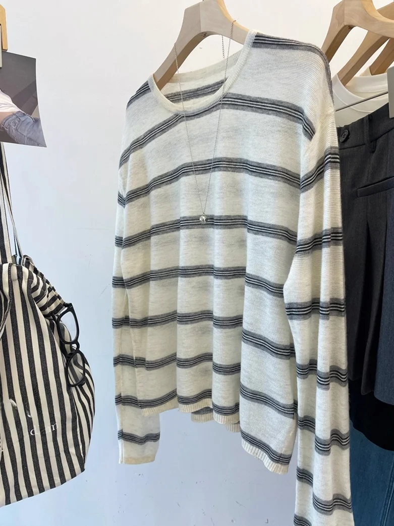 

Loose Fit Women's Wool Knitwear Long Sve Overhead Slimming Striped Sweater Comfortable Soft Sle Commute Suitable