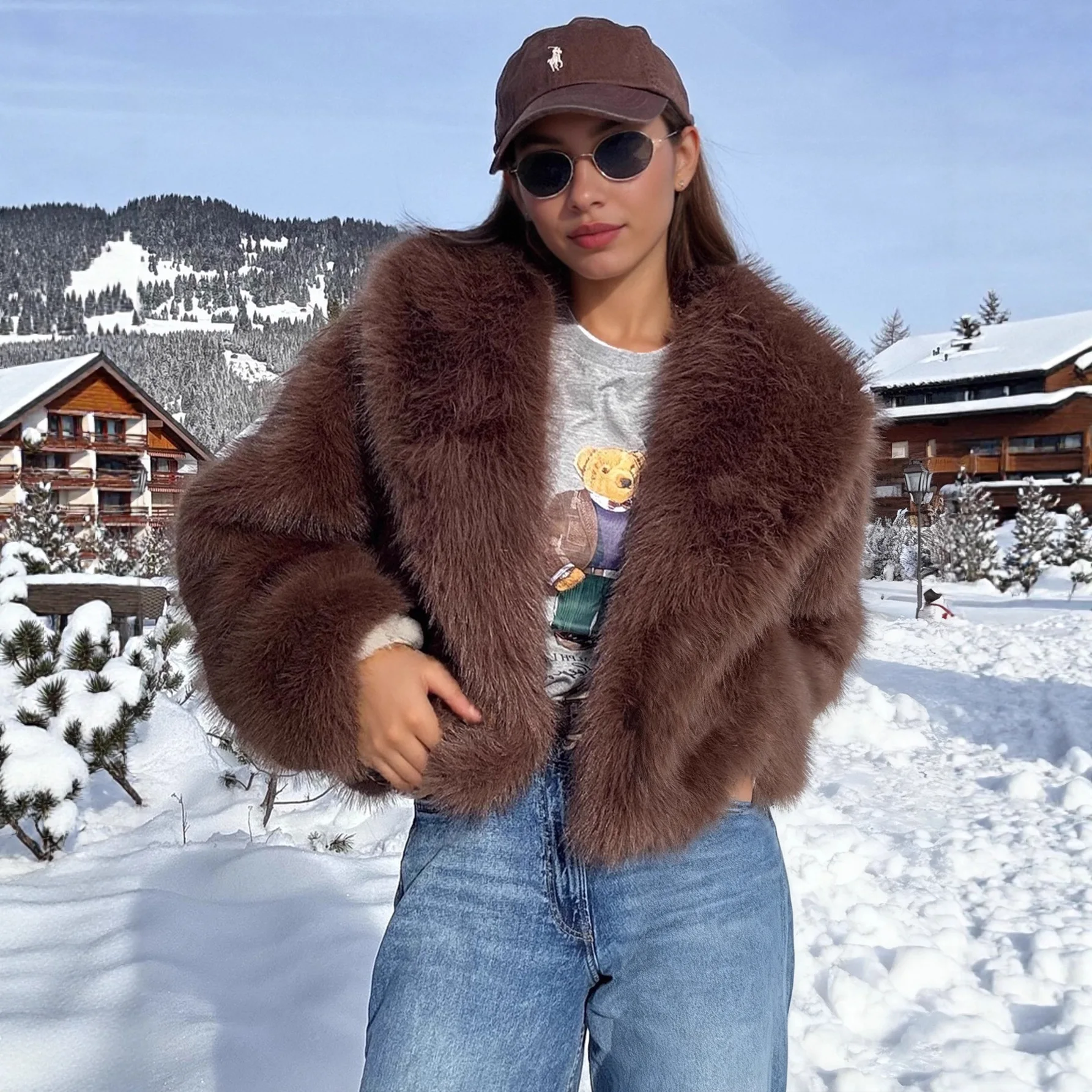 2025 Autumn Winter New Black Lazy Style Turn Down Collar Faux Fur Plush Coat Women Loose Thick Warm Jacket