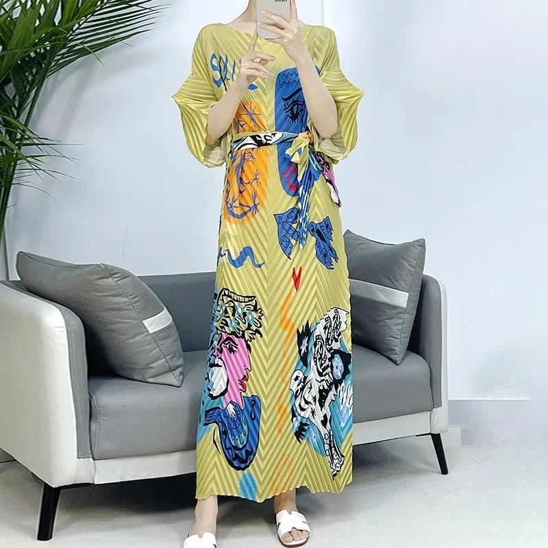 Miyake Style Pleated Dress Women's 2024 Spring New Casual Loose Fashion Printed V-shaped Pleated Versatile Elegant Long Dresses