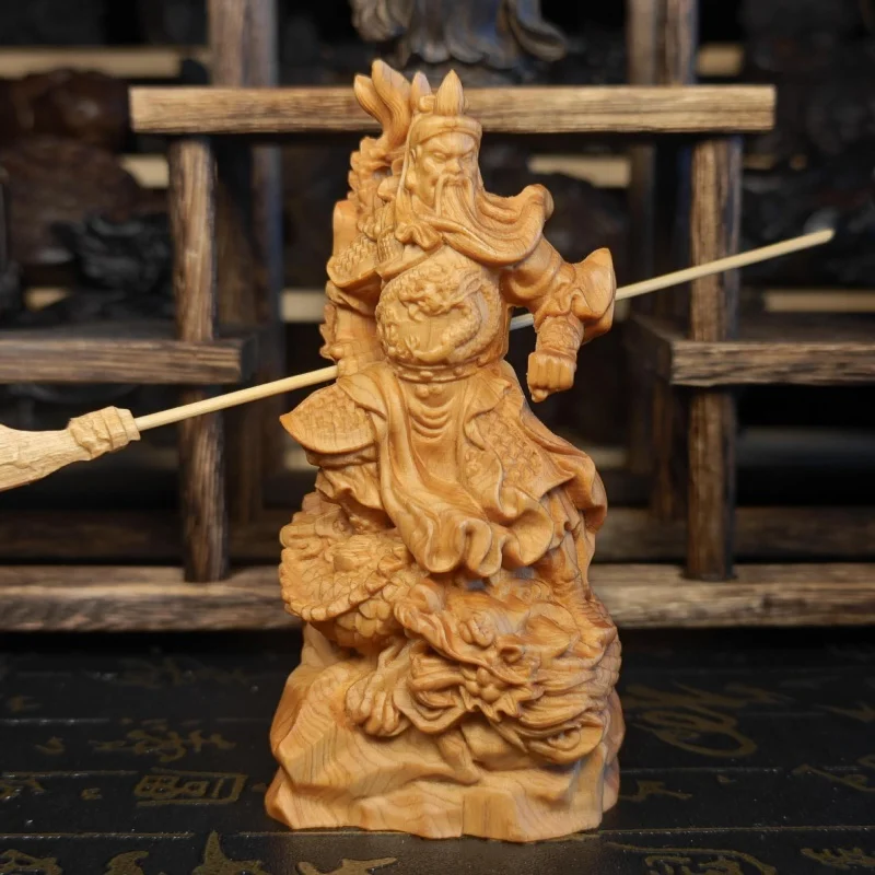 

12cm【Opened】Arborvitae Wood Carving God of War and Wealth Decoration Royal Dragon Guan Gong Buddha Statue Home Living Room Decor