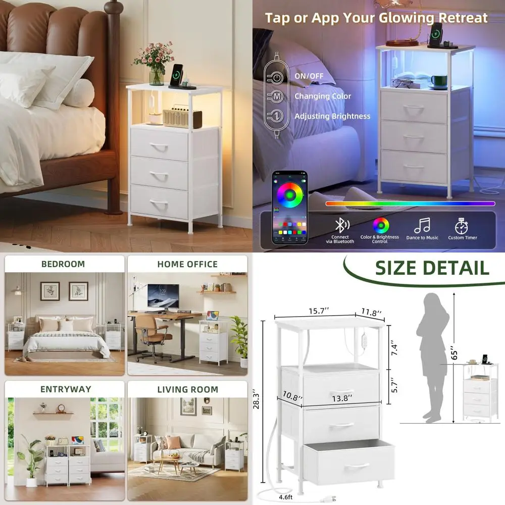 

White Nightstand with USB Charging, LED Light, Fabric Bins for Bedroom, Dorm, or Entryway
