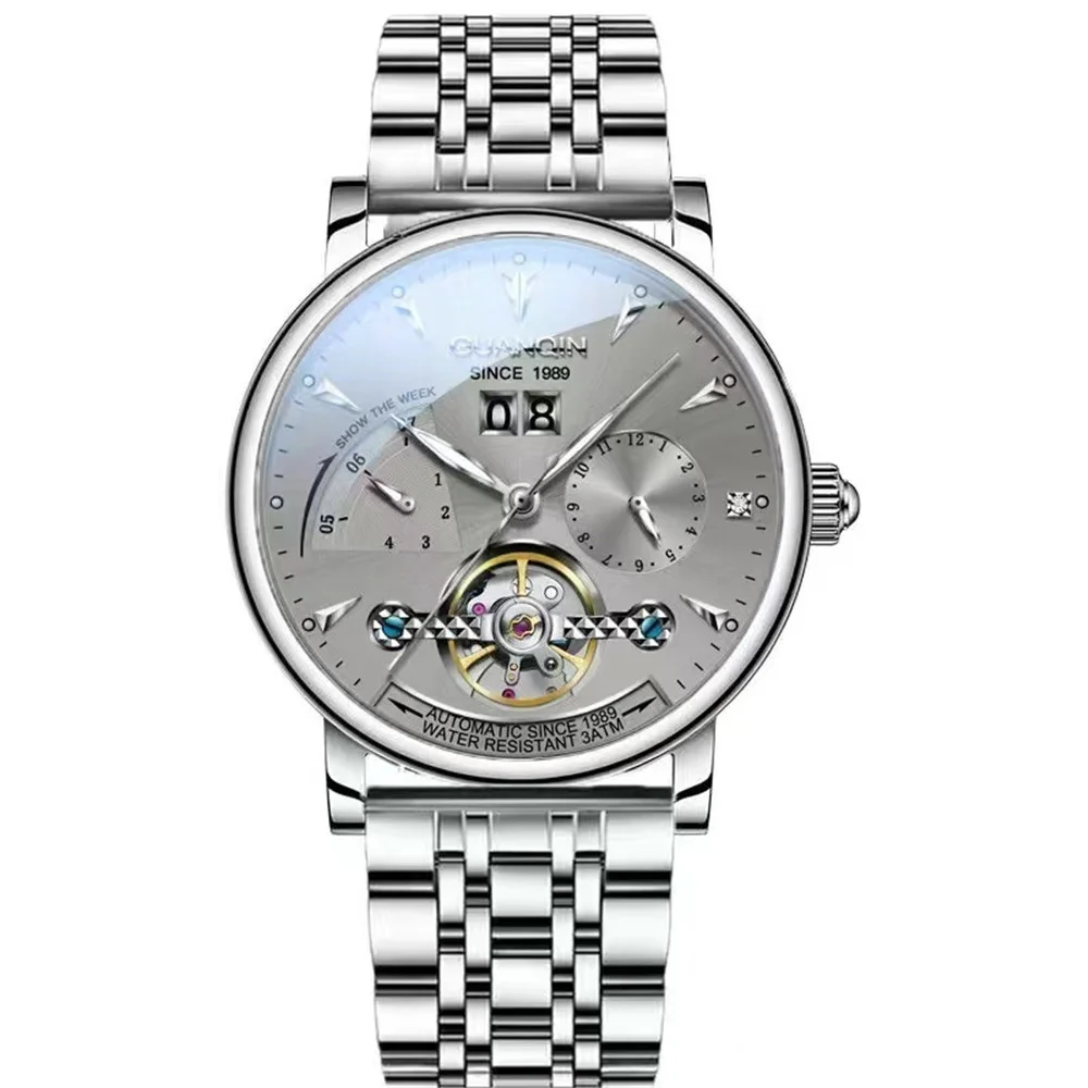 GUANQIN Luxury Men's Watch Stainless Steel Leather Strap Automatic Mechanical Skeleton Clock Multifunctional Business Wristwatch