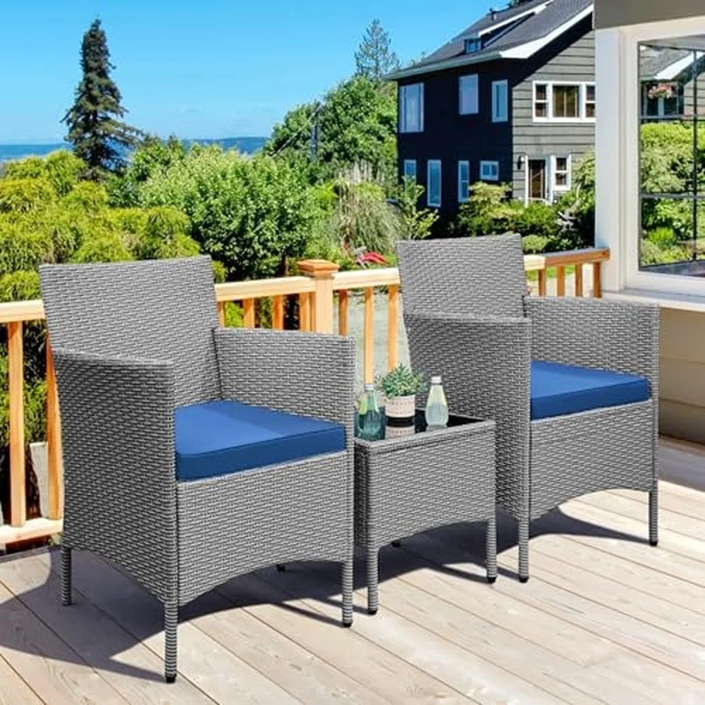3 Pcs Patio Conversation Set Chairs & Side Table Gray/Dark Blue