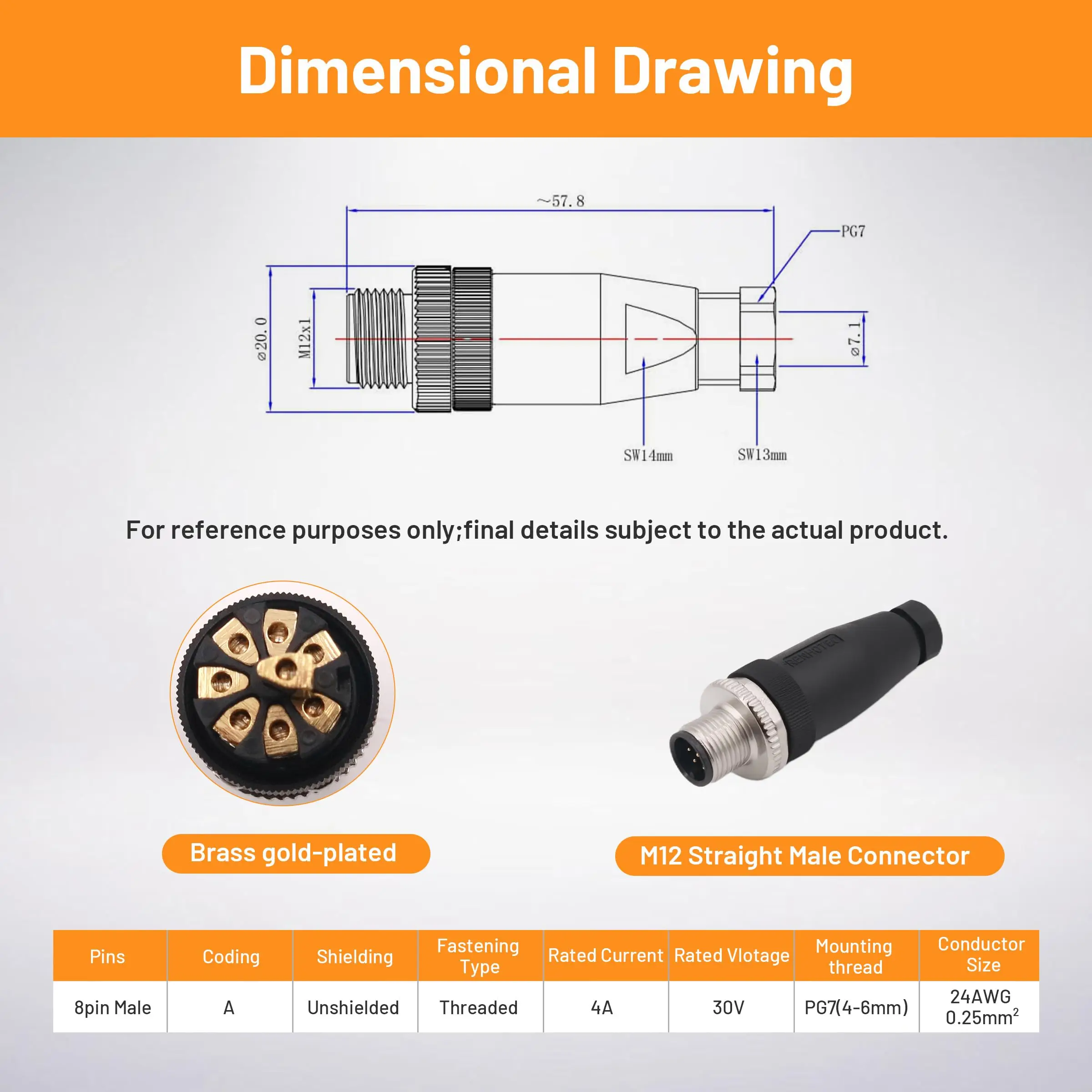 2pcs M12 8 Pin Waterproof Connector, 12mm A-Code Industrial Plug IP67 Screw Lock Male Round Connector for Sensor  Outdoor Cable
