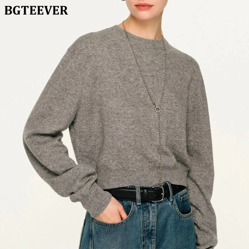 BGTEEVER Elegant O-neck Soft Warm Ladies Pullovers Sweaters Autumn Winter Long Sleeve Loose Female Knitted Jumpers