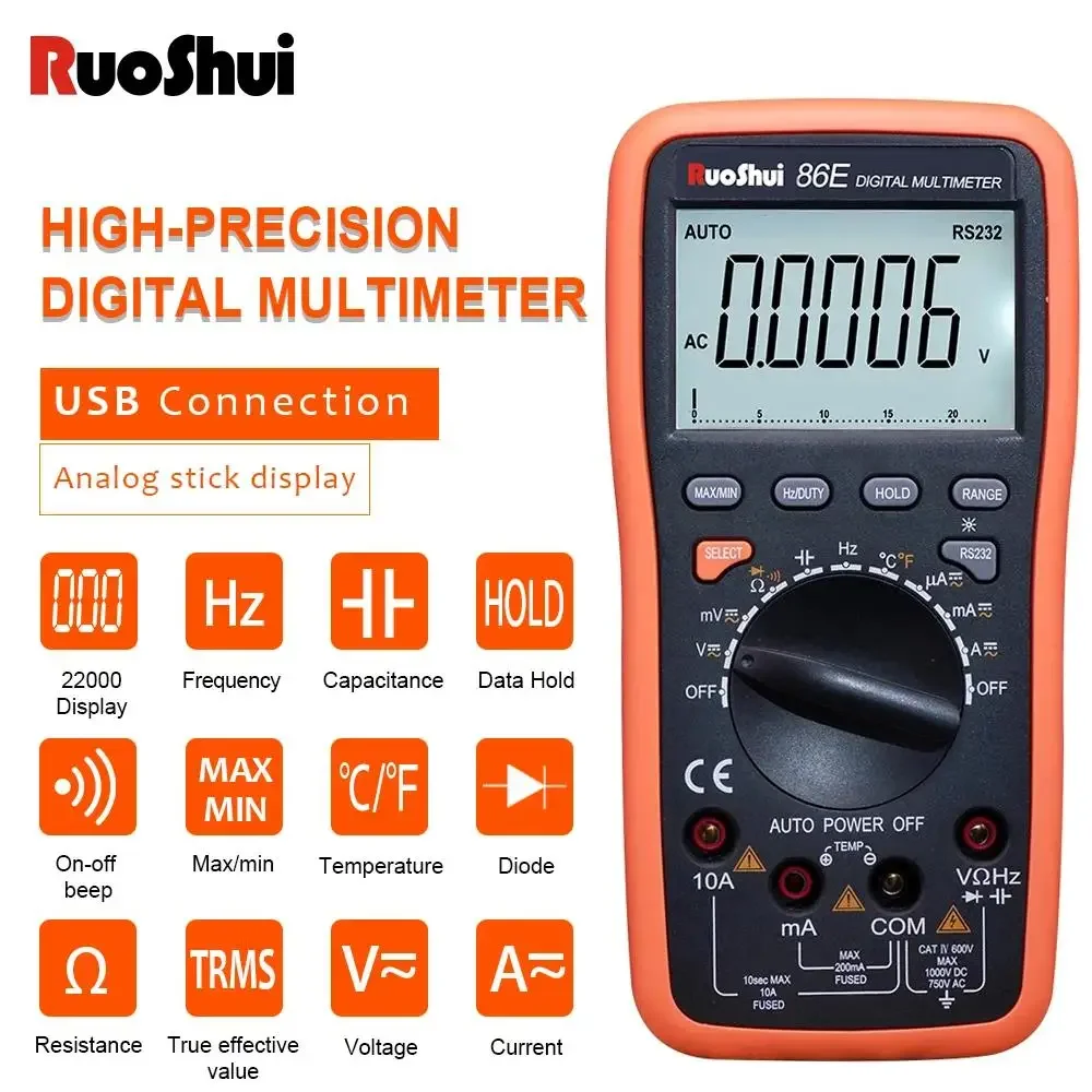 Ruoshui 86E Digital Multimeter 22000 Counts Auto Range AC/DC Temperature Frequency Capacitor USB Tester Connect Transfer