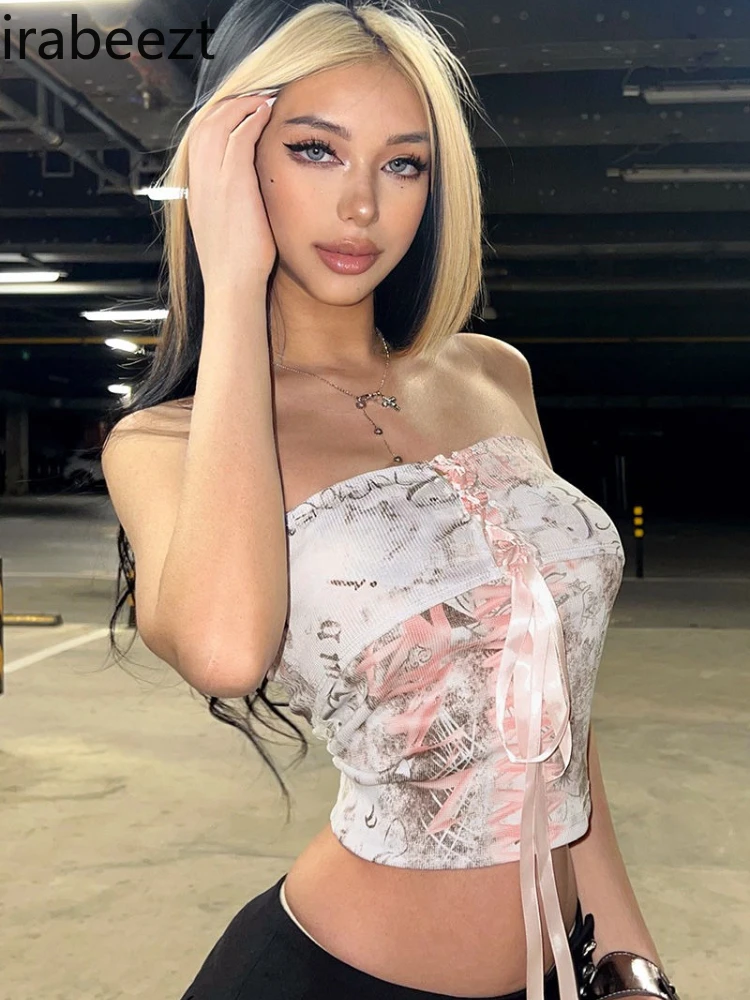 

Sweet Retro Y2K Pink Crisscross Tie-Up Bustier Top for Women Cute Summer Tube Vest Sexy Cute Bralette, Strapless Crop Camisole