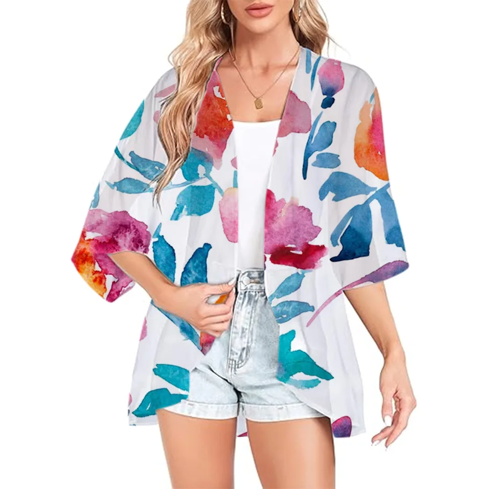 Kimono Blouse Multicolors Women Chiffon Floral Kimono Cardigan Loose Half Sleeve Shawl Capes Boho Bohemia Print Cover Up Beach