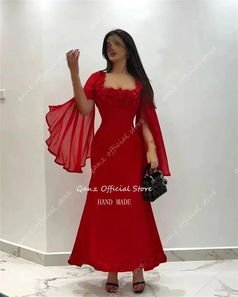 Qanz Elegant Red Evening Dresses Mermaid Chiffon Long Sleeves Prty Gown 3D Handmade Flowers Abendkleider Luxus Dubai Customized