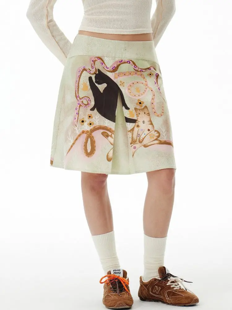 Chic Design Artistic Black Cat Print Pleated Midi Skirt | Mint Green A-Line Skirt Retro Cartoon Casual Skirt Sweet Fun American