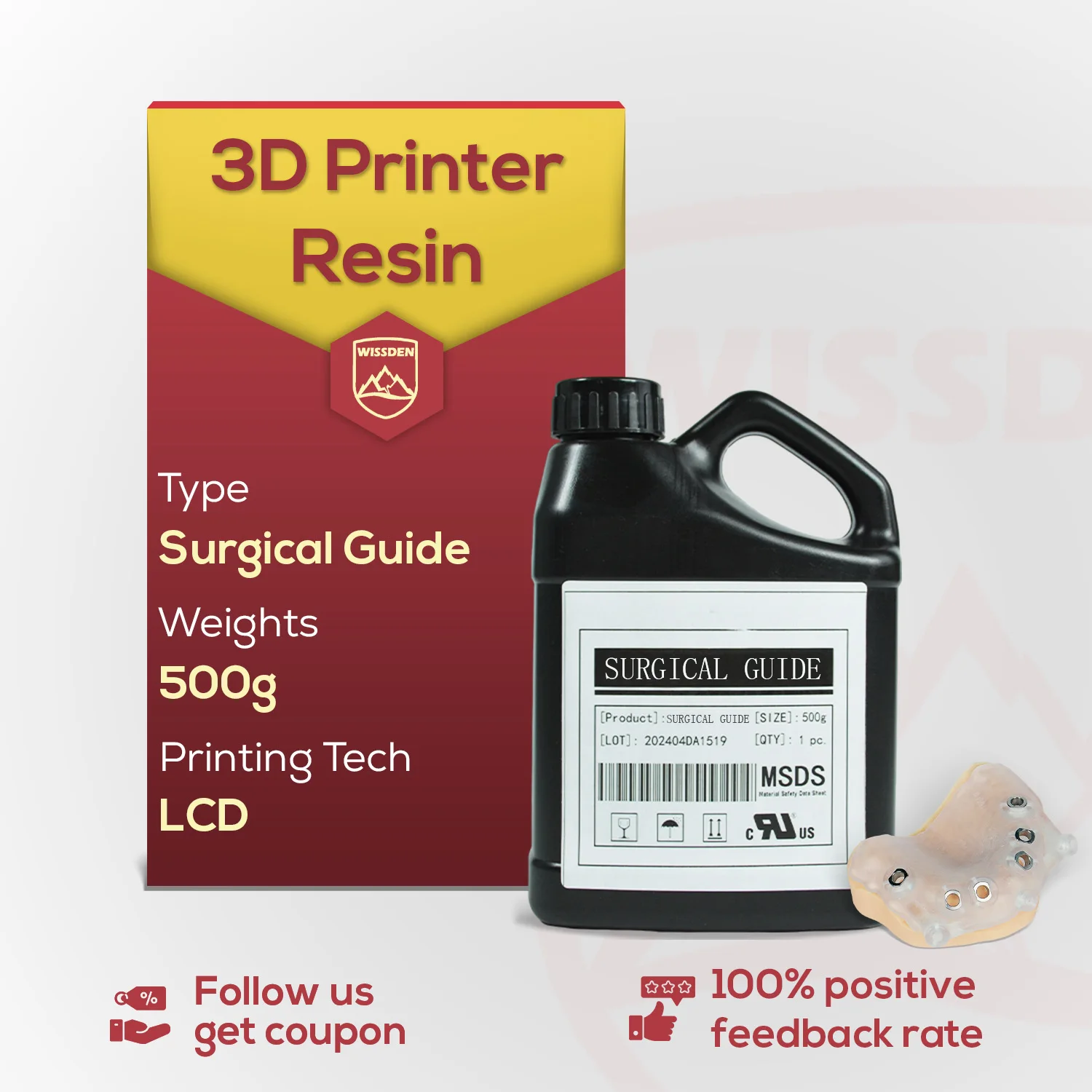 

Wissden Dental 3D Printer Resin Surgical Guide Resin Temporary crown High Precision Dental Guide 500g /Bottle