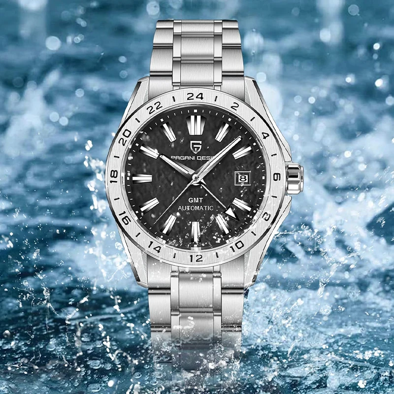 PAGANI DESIGN Klasyczny luksusowy męski zegarek automatyczny GMT Najlepsza marka szafirowe szkło Wodoodporny mechaniczny zegarek na rękę ze stali nierdzewnej